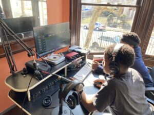 Students working on video editing